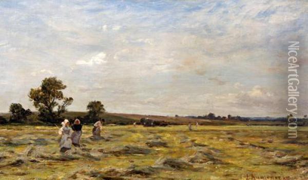 Haymaking In A Landscape Oil Painting - James Aumonier