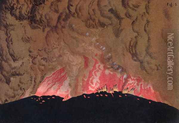 The Aphroessa and Georgios lava flows during an eruption of the Santorini volcano, illustration from Etudes sur les Volcans by the artist, engraved by Druck and Arnold, 1881 Oil Painting - Schmidt, Julius or Jules