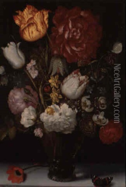 Bouquet De Fleurs Dans Un Vase En Verre Oil Painting - Ambrosius Bosschaert the Elder
