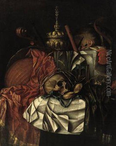 A Skull, A Gold Pocket Watch, An Hour Glass, A Globe, Musicalinstruments, A Gold 'tazza' And An Open Book On A Partially Drapedtable: A 'vanitas' Oil Painting - Franciscus Gysbrechts