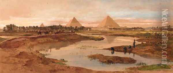 A camel train with the pyramids beyond Oil Painting - Edward Alfred Angelo Goodall
