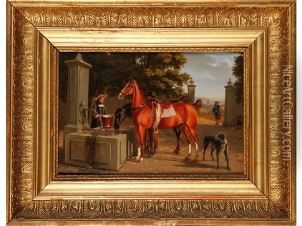 A Woman Beside A Water Fountain With Two Horses, A Gateway And Landscape Beyond Oil Painting - Johann Jakob Biedermann