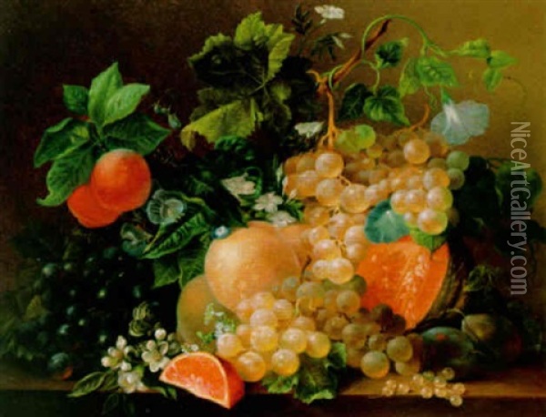 A Still Life With Grapes, Peaches And Flowers On A Marble Ledge Oil Painting - Diederik Jan Singendonck