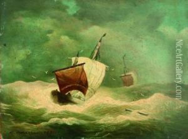 Schiffe Auf Sturmischer See. Oil Painting - Andreas Achenbach