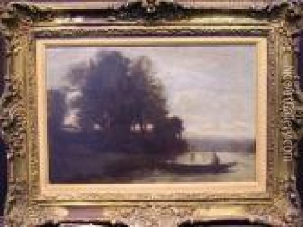 Riverscape With Punt Oil Painting - Jean-Baptiste-Camille Corot
