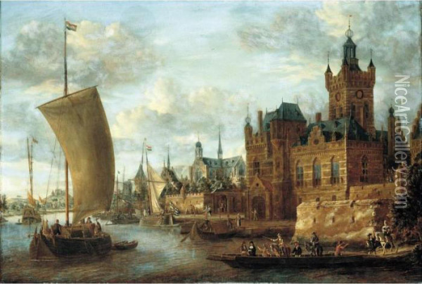 A River Landscape With Figures In A Ferry Before An Imaginary Town Oil Painting - Jacobus Storck