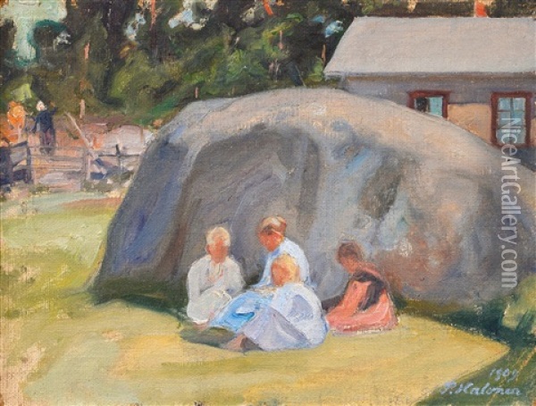 Children Playing On The Yard Oil Painting - Pekka Halonen