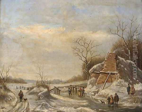 The frozen canal Oil Painting - Charles Leickert