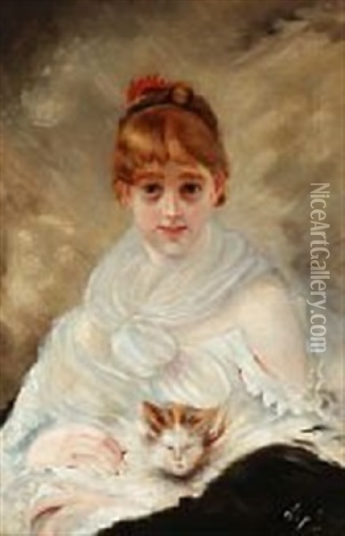 Portrait Of A Lady With A Cat Oil Painting - Charles Joshua Chaplin