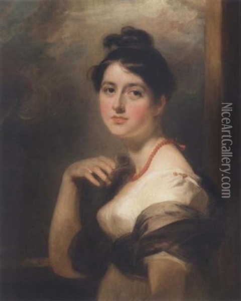 Portrait Of Elizabeth Williams Of Gwersylt Park, Denbighshire, Wearing A Cream Dress And A Brown Wrap With A Red Necklace Oil Painting - Thomas Lawrence