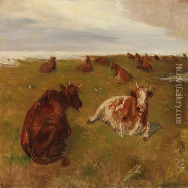 Danish Landscapewith Cows In The Field Oil Painting - Theodor Philipsen