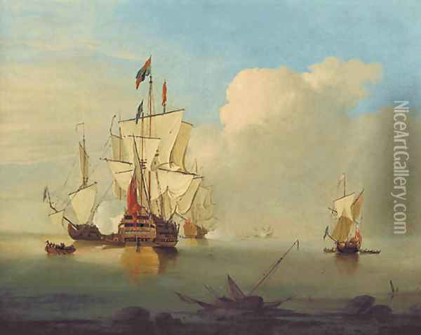 A first rate ship firing a signal gun Oil Painting - Thomas Leemans