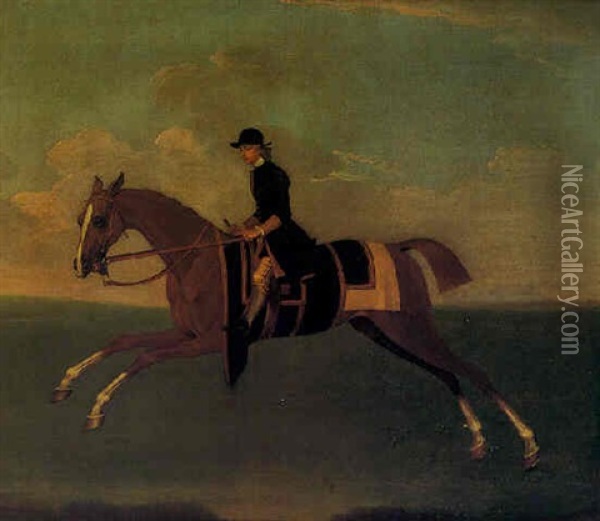 A Chestnut Racehorse With Jockey Up Oil Painting - James Seymour