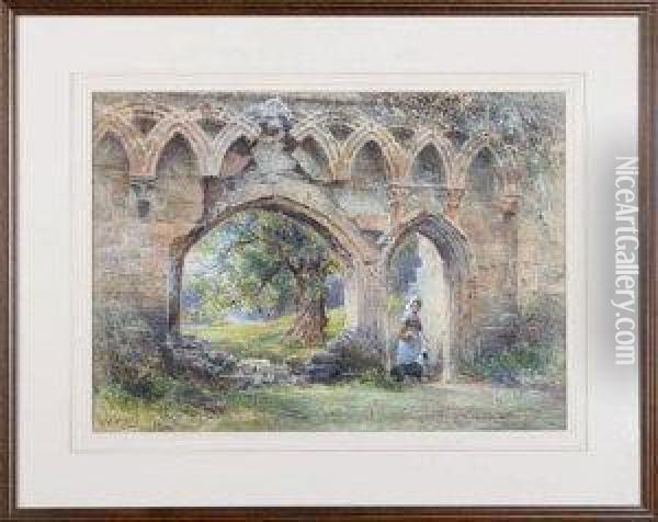 A Girl And Her Dog Walking In The Ruins Of An Abbey Oil Painting - James Stephen Gresley