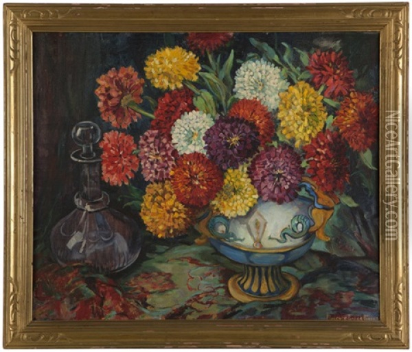 Still Life With Zinnias In A Vase Oil Painting - Florence Parker Bloser