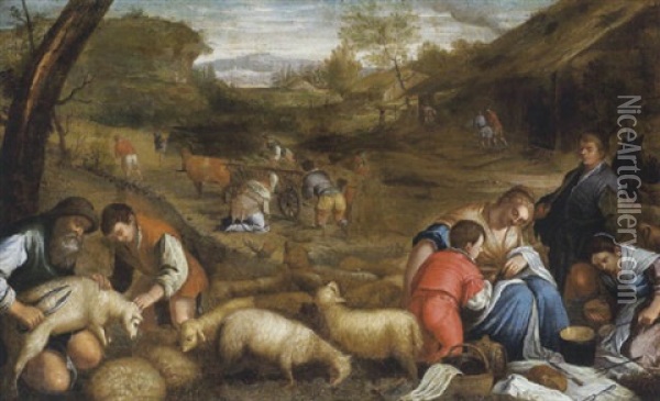 Die Schafschur; Allegorie Des Herbstes Oil Painting - Gerolamo da Ponte Bassano