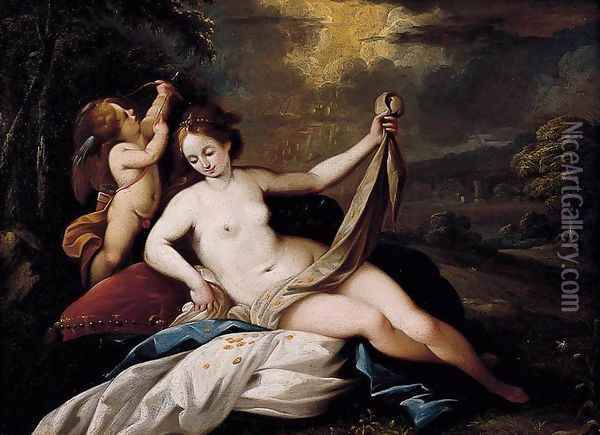 Venus and Cupid in a Landscape Oil Painting - Giuseppe Nuvolone