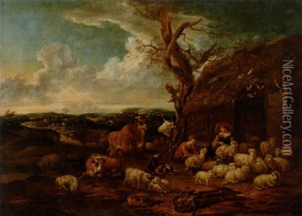 Landskap Med Herdefolk Och Boskap Oil Painting - Michiel (Carree) Carre