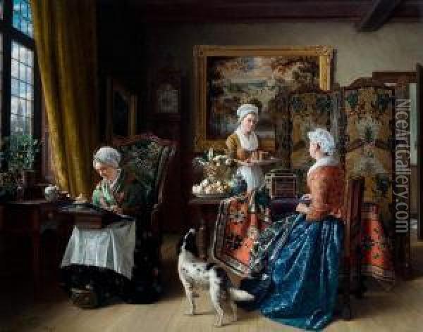 Drie Vrouwen In Een Binnengezicht Oil Painting - J.D. Stevens