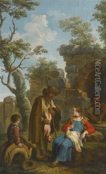 A Woman Buying A Kid Goat From A Shepherd, With A Boy Sitting On A Saddle And A Man Smoking A Pipe, By A Ruin Oil Painting - Paolo Monaldi