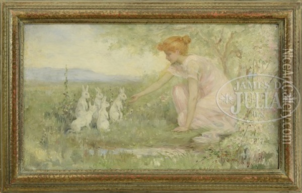 Maiden With Rabbits In A Meadow Oil Painting - Frederick Stuart Church