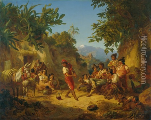 Tamburin Tanzer In Den Bergen Vor Granada Oil Painting - Edmund Louis Wodick