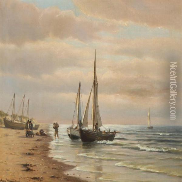 Coastal Scenery With Fishermen Oil Painting - Johann Jens Neumann