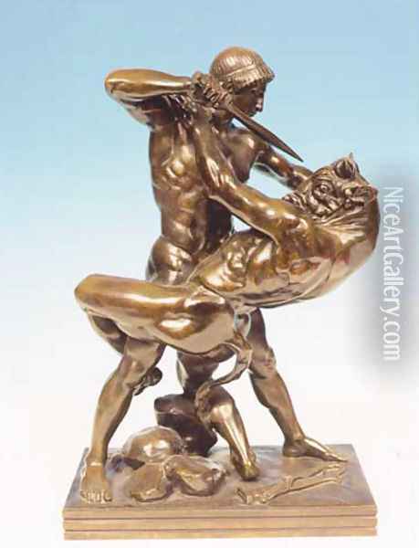 Thesee et le Minotaure (Theseus and the Minotaur) Oil Painting - Antoine-louis Barye