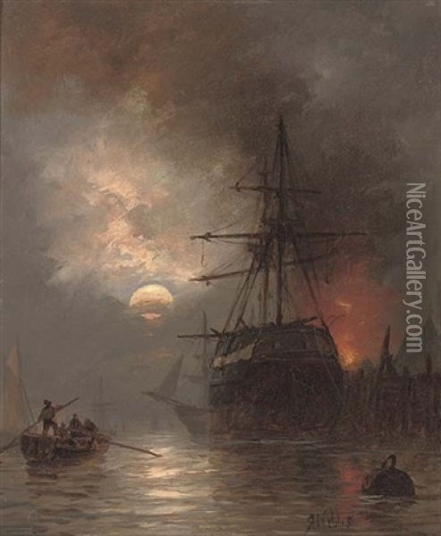 A Trading Brig In The Harbour By Moonlight (+ Barges On The Foreshore At Dusk; Pair) Oil Painting - Richard Henry Nibbs