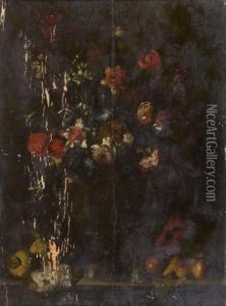Bouquet De Fleurs Et Fruits Poses Sur Un Entablement Oil Painting - Andrea Scaccati
