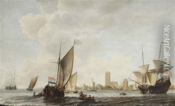 A Smallship, A Merchantman And Other Ships On The Merwede Near Dordrecht Oil Painting - Willem van Diest