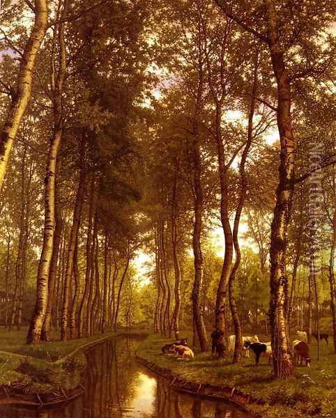 Bois De Trembles Au Bord Du Canal (A Canal in the Trembles Forest) Oil Painting - Jean-Pierre-Francois Lamoriniere