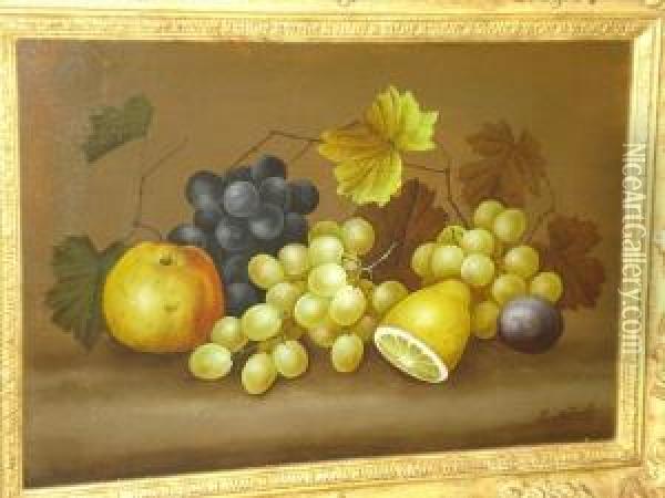 Still Life Studies Of Apples,grapes, Peaches And A Sliced Lemon Oil Painting - Edwin Steele