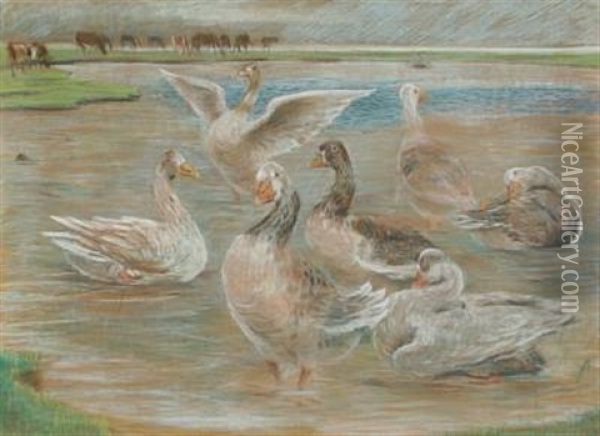 Geese And Cows At The Watering Place Oil Painting - Theodor Philipsen