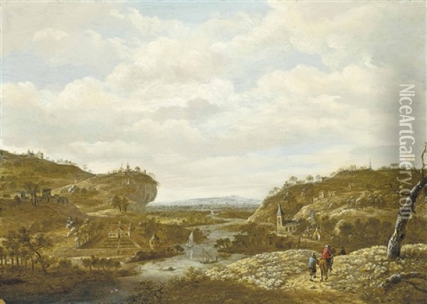 A Mountainous River Landscape With Travellers On A Track, A City Beyond Oil Painting - Guillam Dubois
