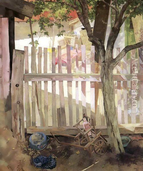Shadowy-Sunlit Courtyard 1936 Oil Painting - Sir George Clausen