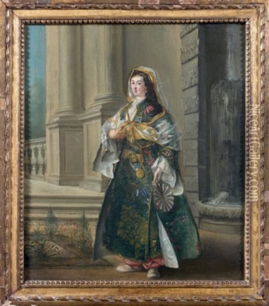 Portrait De Femme En Costume Oriental Sur La Terrasse D'un Palais Oil Painting - Jean Barbault