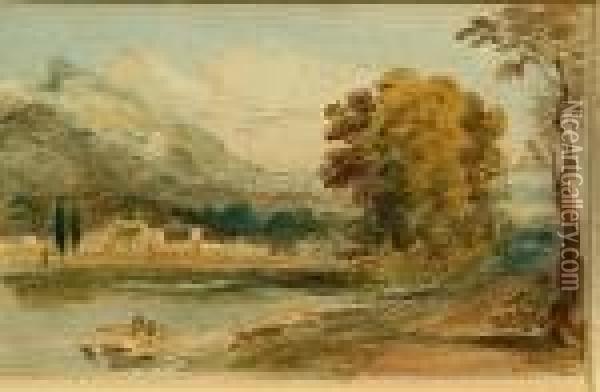 A River Landscape With Mountains Beyond Oil Painting - John Varley