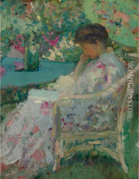 Reading In The Garden Oil Painting - Richard Emile Miller