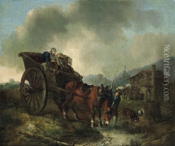Ein Gesatteltes Pferd Mit Wagen Wird Von Einem Knaben Zur Tranke Gefuhrt Oil Painting - August Querfurt