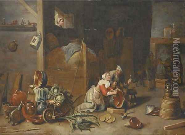 An interior with a maid scourging a pan and talking to a boor, with other peasants smoking and drinking beyond Oil Painting - David The Younger Teniers