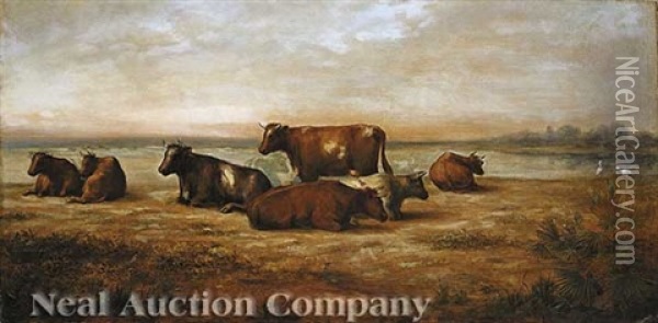 Cattle Along The Shore Oil Painting - Adolf D. Rinck