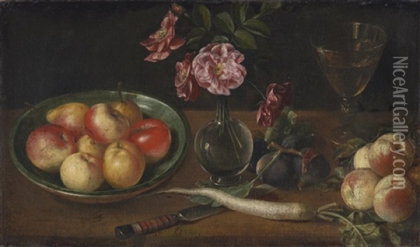 Still Life Of A Plate Of Apples Alongside A Radish, A Knife, Roses In A Glass Vase, A Wine Glass, Figs And More Apples On A Wooden Table Top Oil Painting - Joseph Plepp