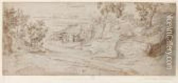 Paysage Fluvial
 Plume Et Encre Brune Oil Painting - Domenico Campagnola