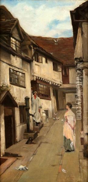 Street Scene With Figures, St. Ives Cornwall Oil Painting - John Knox Ferguson