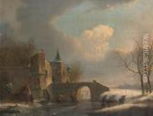 Skaters On The Ice; A Summer Landscape Oil Painting - Jacobus Van Der Stok