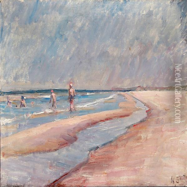 People On A Beach Oil Painting - Carl Schou