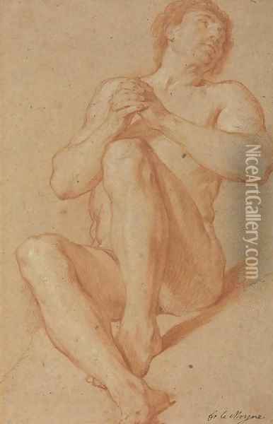 A seated academic nude with his hands clasped Oil Painting - Francois Lemoine (see Lemoyne)