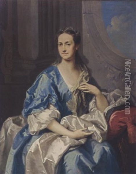 A Portrait Of A Lady (princess Of Hannover?) Wearing A Blue And White Dress, In An Architectural Setting Oil Painting - Louis Michel van Loo