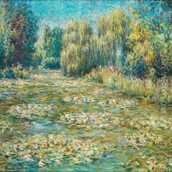 Impressionistic Summer Landscape With Water Lilies In A Stream, Presumably From Giverny Oil Painting - Blanche Hoschede-Monet